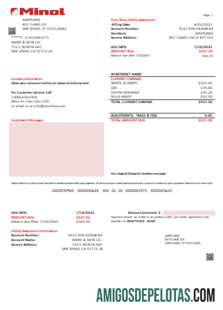 Projeto de lei de serviços públicos da Minol EUA, SCR exemplo real